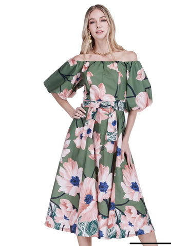Jade Olive Bloom Off-Shoulder Flared Midi Dress