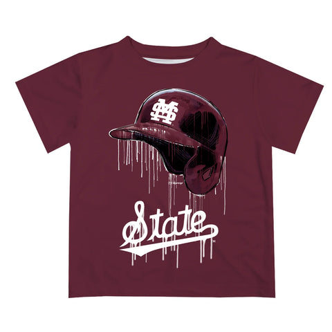 Mississippi State Bulldogs Original Dripping Baseball Helmet Maroon Boys T-Shirt by Vive La Fete