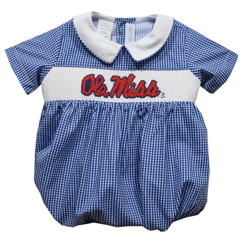 Ole Miss Rebels Smocked Navy Gingham Short Sleeve Boys Bubble