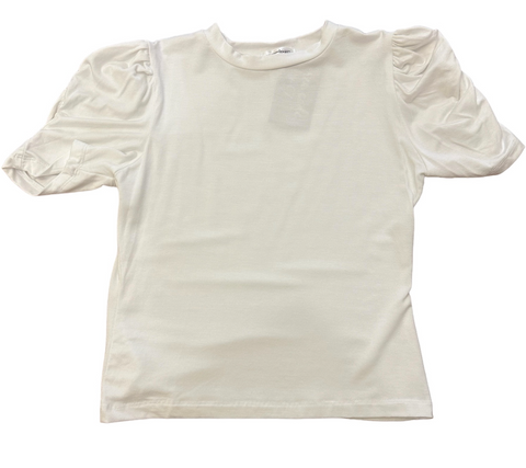 basic white top with Rushed on the sleeve