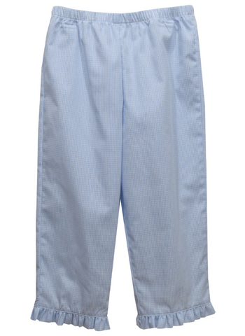 light Blue Gingham Girls Ruffle Pant With Pocket