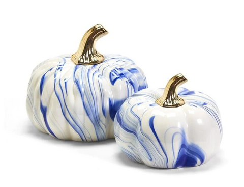 Two's Company Marbled Set of 2 Blue and White Pumpkins with Gold Stem