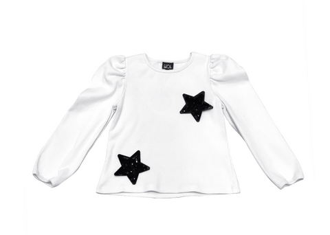 White Ribbed Jersey Top With Black Stars