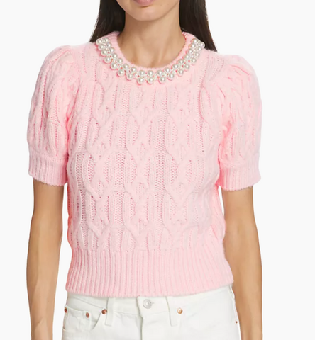 Faux Pearl Cable-Knit Short-Sleeve Sweater-PINK