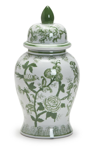 Suzhou 18" Green and White Covered Temple Jar - Ceramic