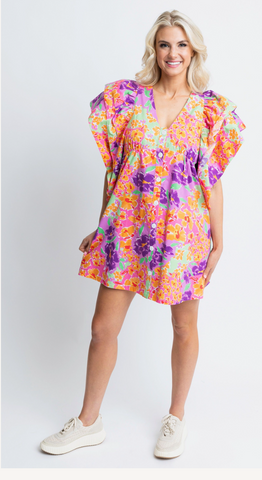 FLORAL GARDEN VNECK RUFFLE DRESS- KARLIE