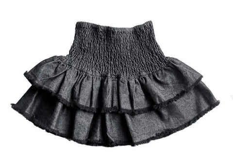 Black Denim Smocked Ruffle Mini Skirt