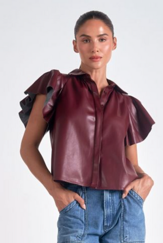 Elan Badia Burgundy Flutter Sleeve Top