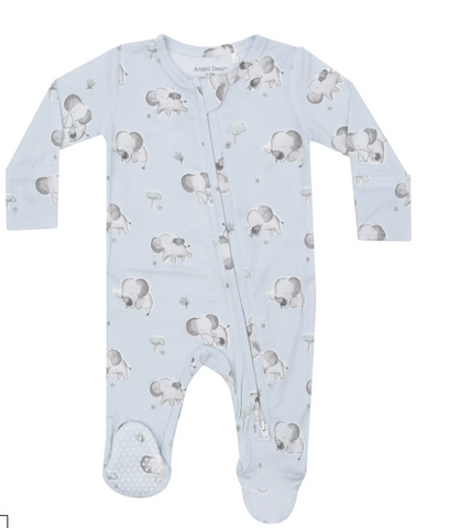 2 Way Zipper Footie - Gray Elephants - Blue