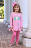 Trotter Street Kids Girls Pink Christmas Tree Ruffle Top with Leggings