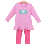 Trotter Street Kids Girls Pink Christmas Tree Ruffle Top with Leggings