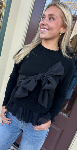 LAYERED BOW SWEATER WITH TULLE- EN SAISON