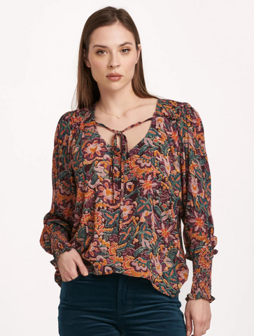 AMELIA V-NECK LONG SLEEVE RELAXED FIT BLOUSE FLOWER WINE