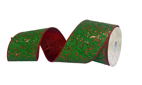 4”X10YD Green full glitter with red sequin printed on green sheer with red metallic mesh