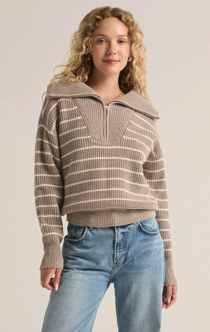 Z Supply Villa Half Zip Stripe Sweater- TAUPE