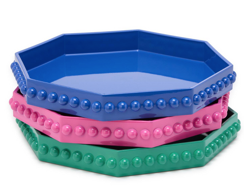 Octagonal Decorative Lacquered Tray with Hobnail Edge Assorted 3 Colors: Blue, Pink, Green