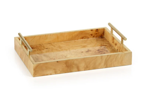 Leiden Burl Wood Rectangular Tray with Gold Handles - Medium