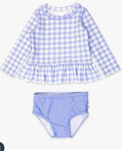 Periwinkle Blue Gingham Scallop Hem Long Sleeve Rash Guard Bikini