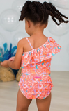 Coral Floral Girls One Shoulder Ruffle Tankini