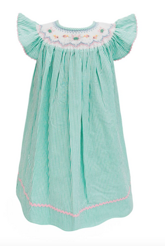 Teal Stripe Bishop Smocked Crabs and Fish Dress- KREWE