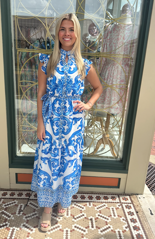 Jade Blue Wave Button Front Maxi Dress
