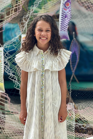 Frilled-bib shirt dress with floral embroidered placket-poppet and fox