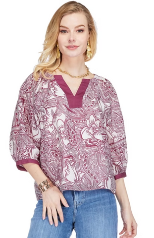 Jade-Maroon Contrast Trim Peasant Top