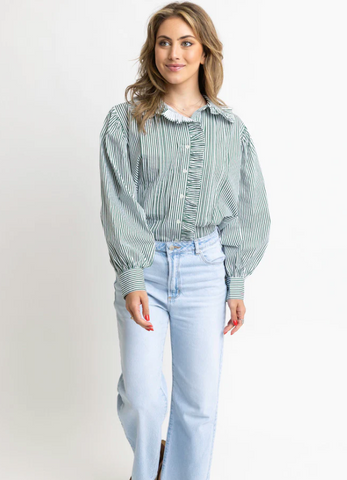 Karlie-Stripe Pleat Ruffle Trim Top