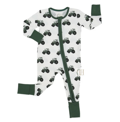 Hamner Hill-Boys Green Tractor Double Zipper Romper