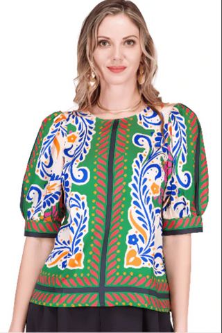Jade- Short Sleeve Top- Artistic Scarf