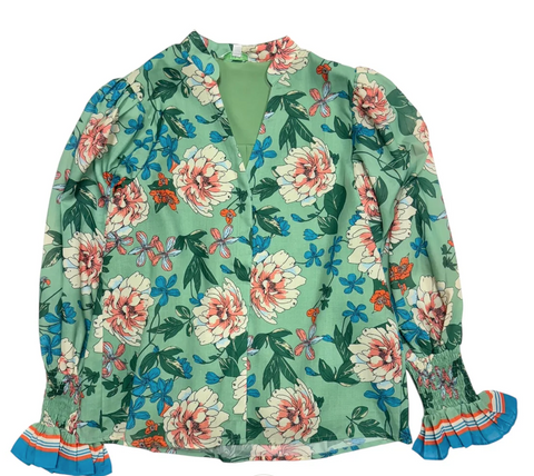 Jade- Split V-Neck Blouse- Dahlia Border
