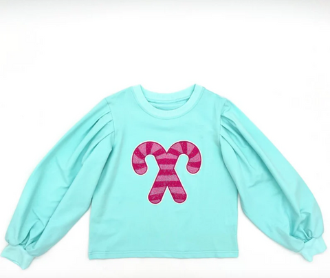 Blended Spirits- Sequins Candy Cane Puff Sleeves Sweatshirt