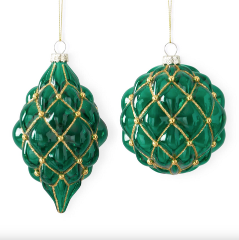 K and K- Assorted Green & Gold Pattern Glass Ornaments