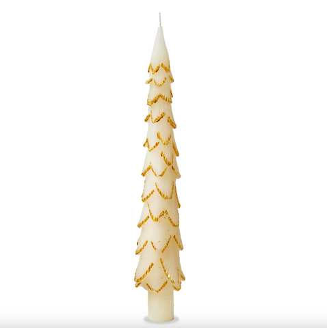Tag-Gilded Pine Tree Taper Candle Set Of 2 Ivory