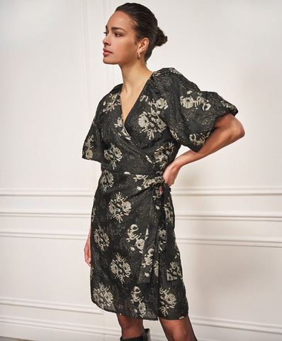 Esqualo-Dress Jacquard Puff Sleeve