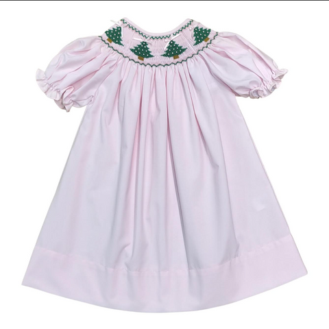 Sweet Dreams-CHRISTMAS TREE SMOCKED PINK DRESS
