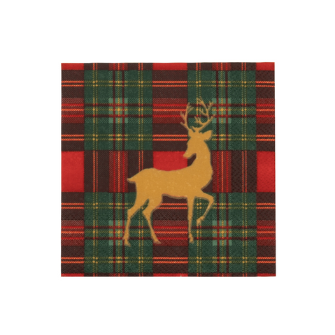 Caspari-Reindeer Tartan Red Cocktail Napkins - includes 20 Cocktail Napkins