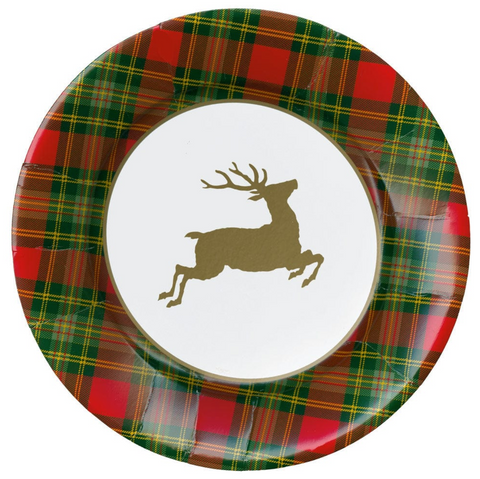 Caspari-Reindeer Tartan Red Paper Dinner Plates - includes 8 Paper Dinner Plates