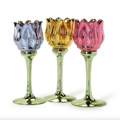 Two's Company -Tulip Stemmed Tealight Candleholder with Mercury Glass Finish Asst 3 Colors