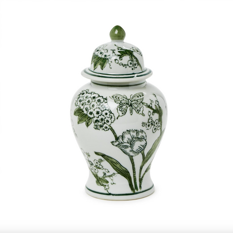 Two's Company-8" Primrose and Lotus Green and White Chinoiseire Jar with Lid