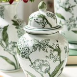 Two's Company-8" Primrose and Lotus Green and White Chinoiseire Jar with Lid