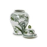 Two's Company-8" Primrose and Lotus Green and White Chinoiseire Jar with Lid