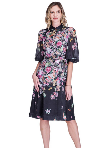 Jade- Stand collar A-Line 50" Dress- Bloom Noir
