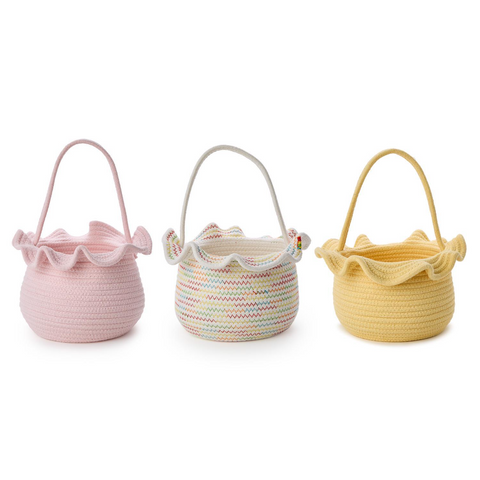 Two's Company- Ruffles Cotton Rope Basket with Handle Assorted 3 Colors Sold Separately
