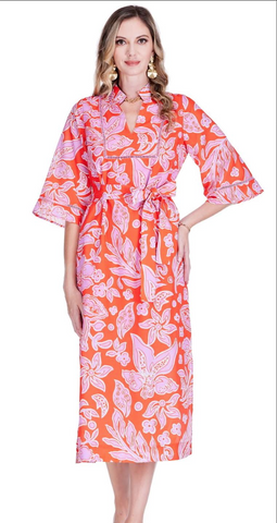 Jade- Trimmed Yoke Tunic Maxi-Orange Petal