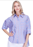 Joy Joy- Button Short Sleeve Shirt- Blue Stripe