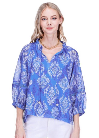 Joy Joy- Trimmed Peasant Top- Blue Damask