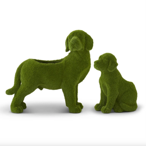 K&K-Set of 2 Resin Green Flocked Mossy Dog Containers w/Drain
