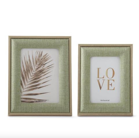 K&K- Set of 2 Light Green Woven Linen w/Gold Metal Trim Photo Frames