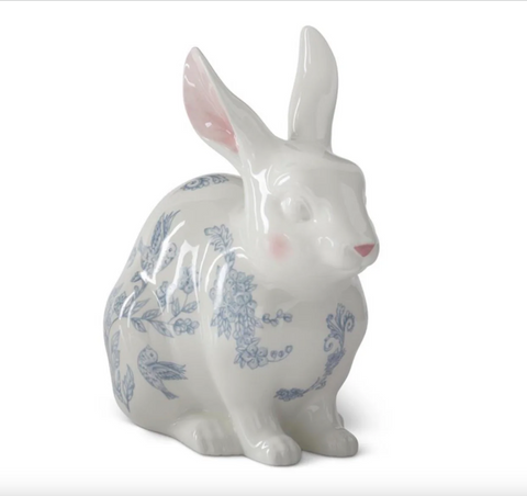 K&K-9.75 Inch White Dolomite Bunny w/Blue Easter Decals